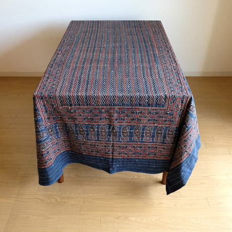 マルチクロス　刺し子　約145×235cm　インド綿　ブロックプリント　アジュラック　インディゴ×縦縞