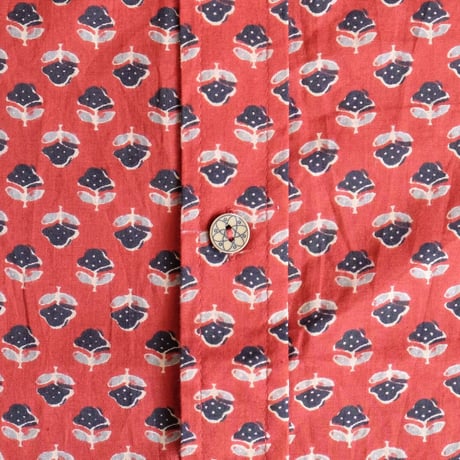 ショートスリーブシャツ　ブロックプリント　Medium/Large　レッド×小花