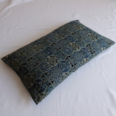 枕カバー　約43×63cm　インド綿　ブロックプリント　アジュラック　ターコイズ×格子
