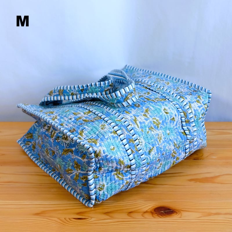 トートバッグ インド綿 ブロックプリント ライトブルー | インド雑貨の