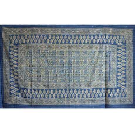 マルチクロス　刺し子　約145×235cm　インド綿　ブロックプリント　アジュラック　ターコイズ×格子