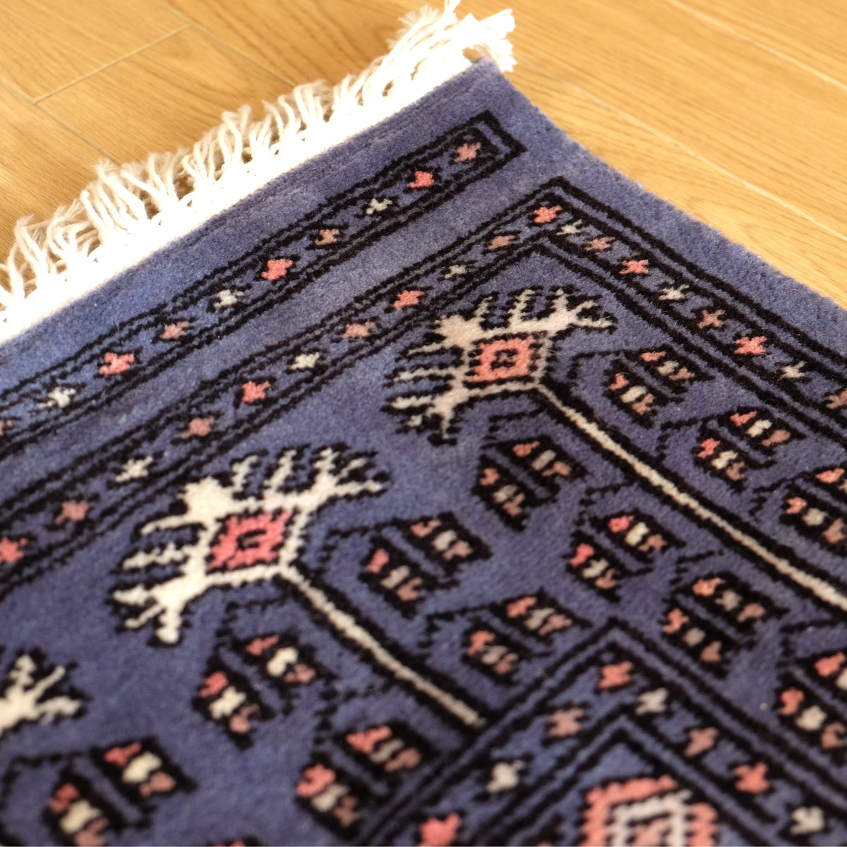 インド 手織り絨毯 ウール ＜約60 x 99 ㎝＞ 青・トライバル | インド