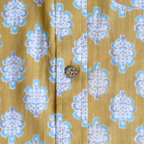 ショートスリーブシャツ　ブロックプリント　Medium/Large　オリーブ×小花