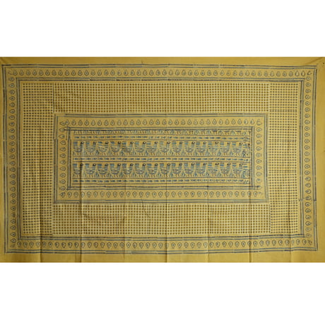 マルチクロス　約145×224cm　インド綿　ブロックプリント　アジュラック　イエロー×鳥