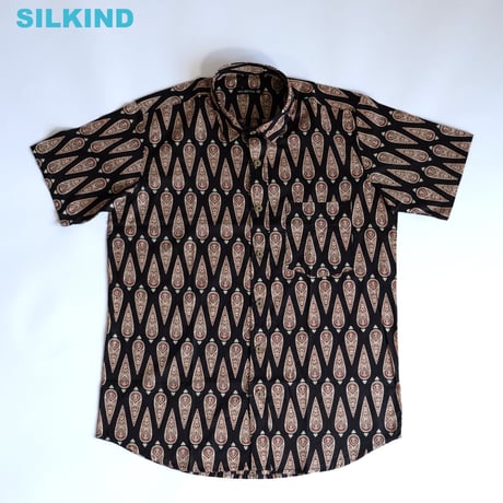 ショートスリーブシャツ　ブロックプリント　Medium/Large　ブラック×糸杉