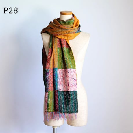 シルクカンタ　ストール　パッチワーク　約50×200cm　インド刺し子布　P21～P30