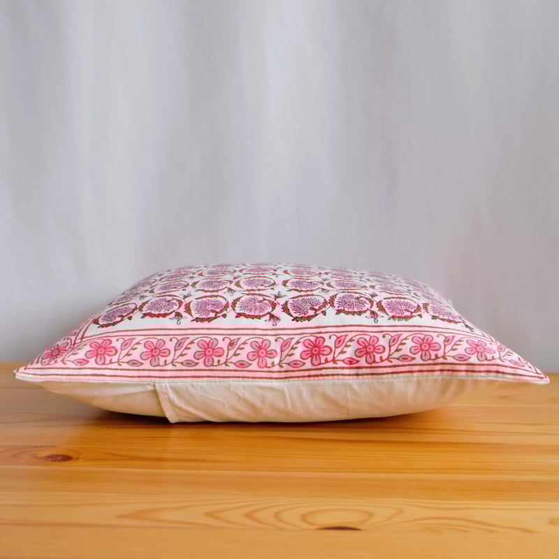 クッションカバー インド綿 ブロックプリント ピンクプラント