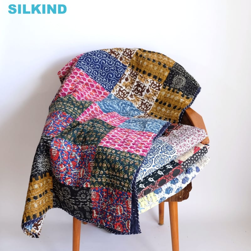 インド綿 グドリ パッチワーク 刺し子刺繍 ブロックプリント マルチ