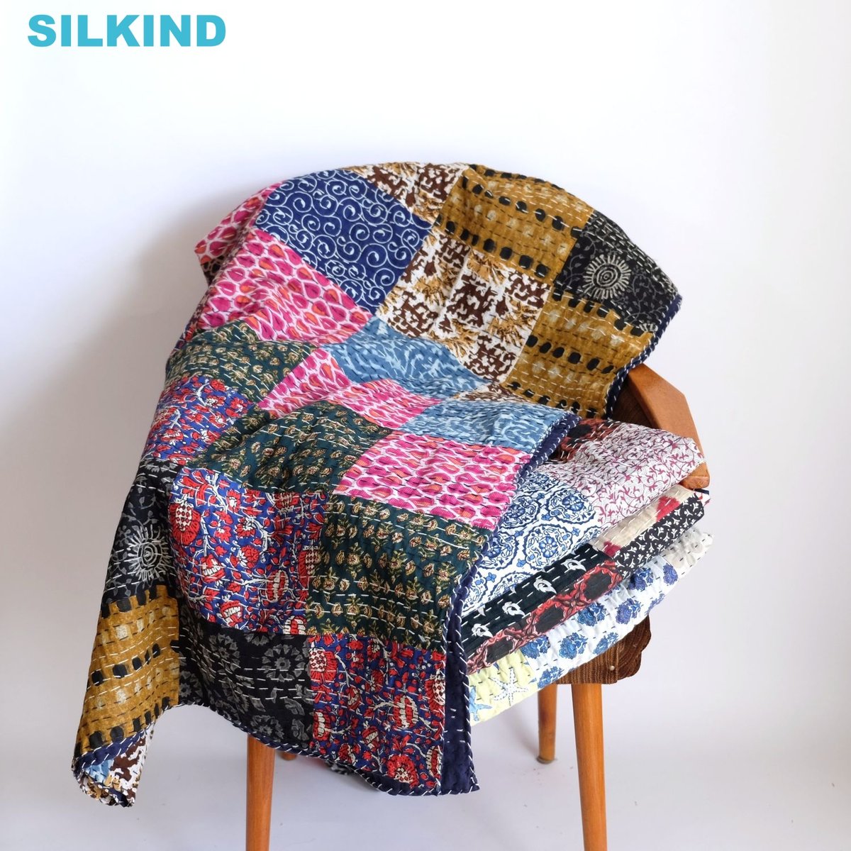 インド綿 グドリ パッチワーク 刺し子刺繍 ブロックプリント マルチ