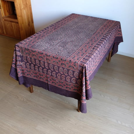 マルチクロス　約145×224cm　インド綿　ブロックプリント　アジュラック　ブラウン×紋章