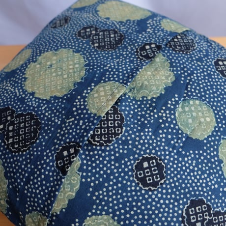 クッションカバー　約40×40cm　インド綿　ブロックプリント　アジュラック　ターコイズ×水玉