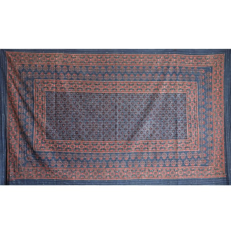 マルチクロス　刺し子　約145×235cm　インド綿　ブロックプリント　アジュラック　インディゴ×小花