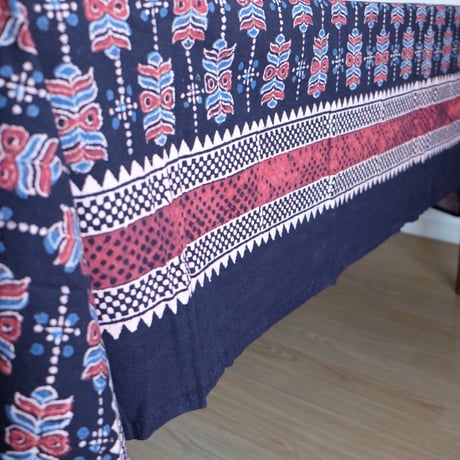 マルチクロス　約145×224cm　インド綿　ブロックプリント　アジュラック　ブラック×紋章