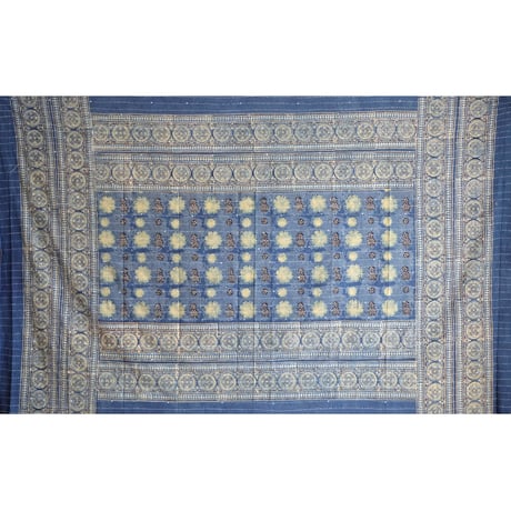 マルチクロス　刺し子　約145×235cm　インド綿　ブロックプリント　アジュラック　ターコイズ×水玉