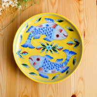 陶器飾り皿 インド ブルーポタリー 波形 黄色地に放射状の花柄
