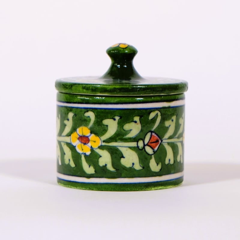 装飾陶器容器 P.C. 810翡翠色小物入れ 陶器小物入れ 蓋付き インド ブルーポタリー 小サイズ 青/水色/赤/緑