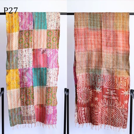 シルクカンタ　ストール　パッチワーク　約50×200cm　インド刺し子布　P21～P30