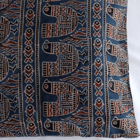 枕カバー　約43×63cm　インド綿　ブロックプリント　アジュラック　インディゴ×鳥