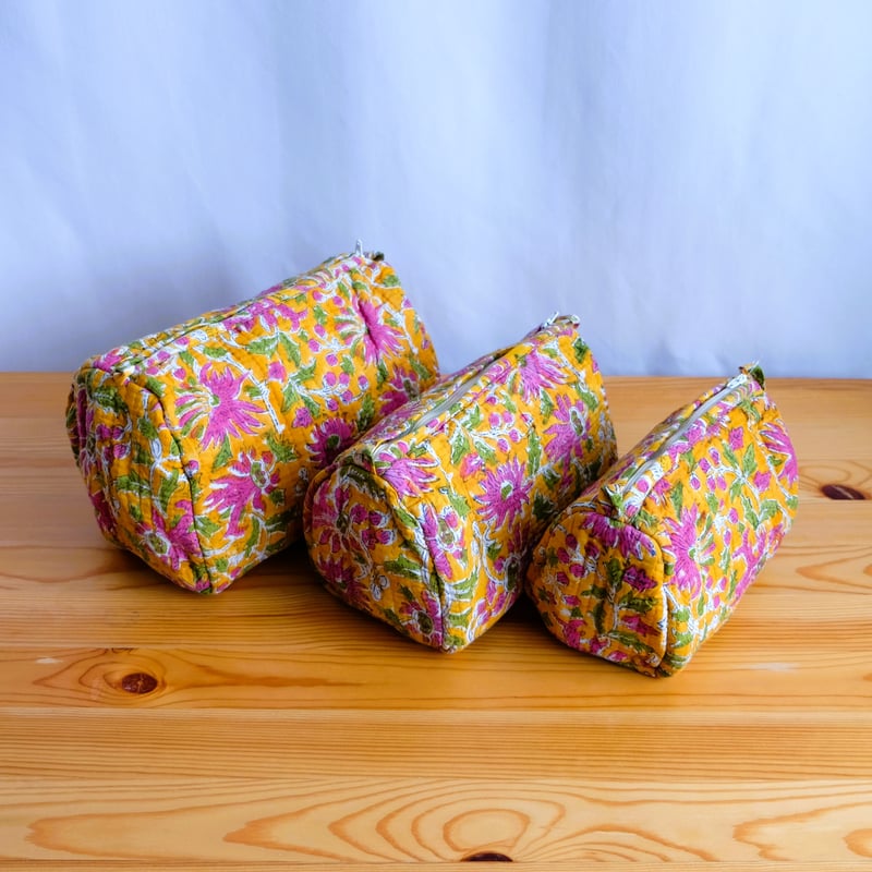 ポーチ インド綿 ブロックプリント イエロー | インド雑貨のお店