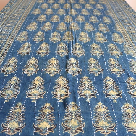 マルチクロス　刺し子　約145×235cm　インド綿　ブロックプリント　アジュラック　ターコイズ×草木