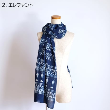 インド綿　ストール　ブロックプリント　約50×200cm　インディゴ