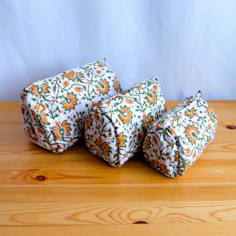 ポーチ インド綿 ブロックプリント オレンジプラント | インド雑貨のお