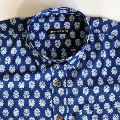 ショートスリーブシャツ　ブロックプリント　Medium/Large　インディゴ×小花