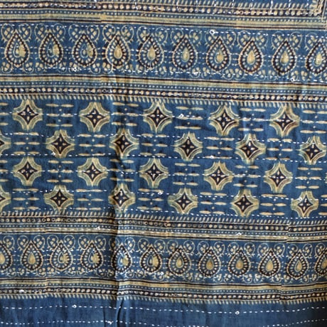 マルチクロス　刺し子　約145×235cm　インド綿　ブロックプリント　アジュラック　ターコイズ×草木