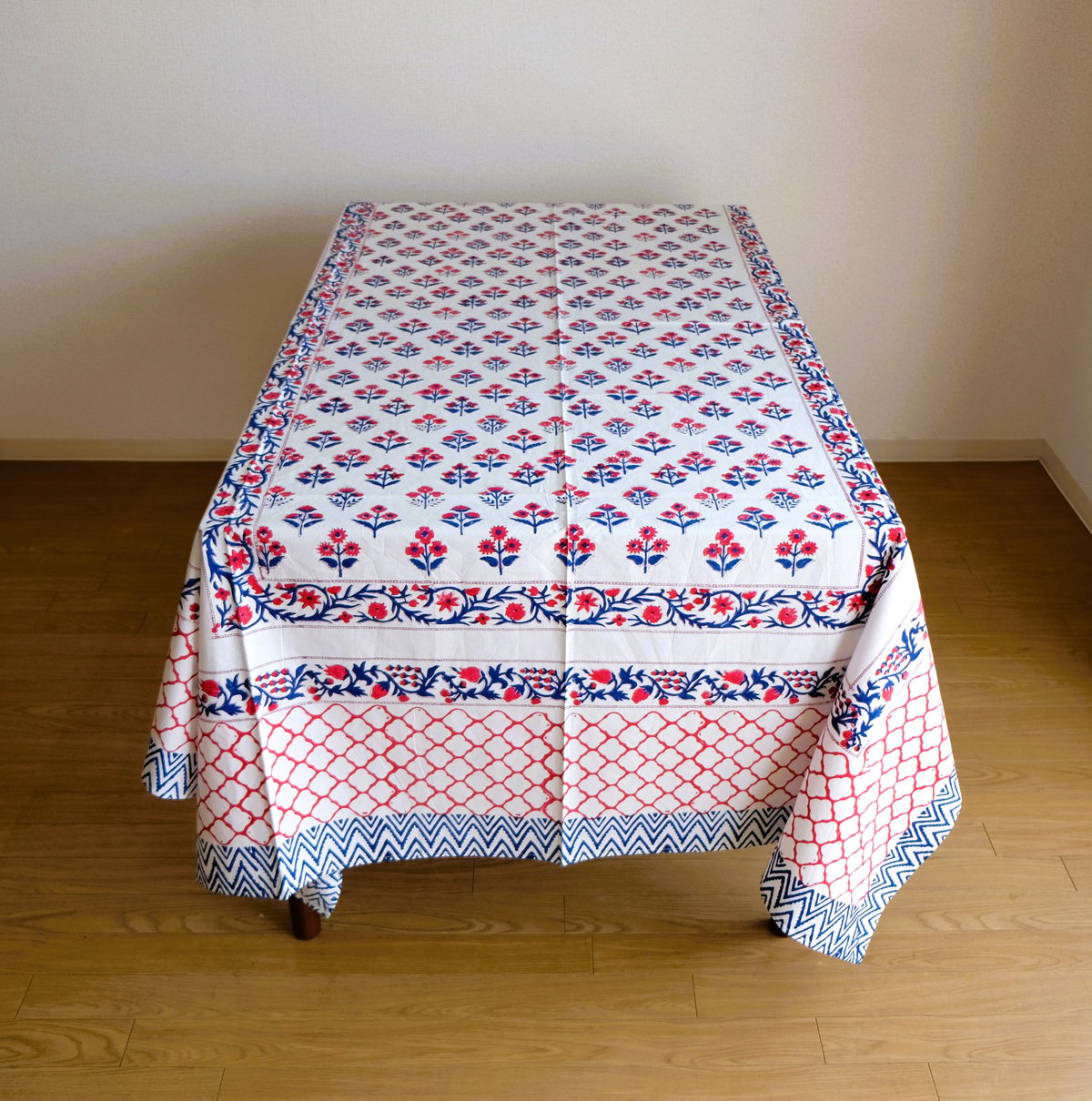 マルチクロス 約152×228㎝ インド綿 ブロックプリント ブルーレッド