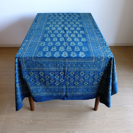マルチクロス　約145×224cm　インド綿　ブロックプリント　アジュラック　ターコイズ×草木