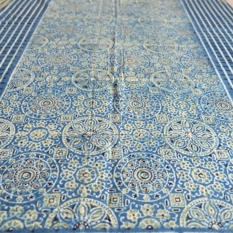 マルチクロス　約145×224cm　インド綿　ブロックプリント　アジュラック　ターコイズ×紋章