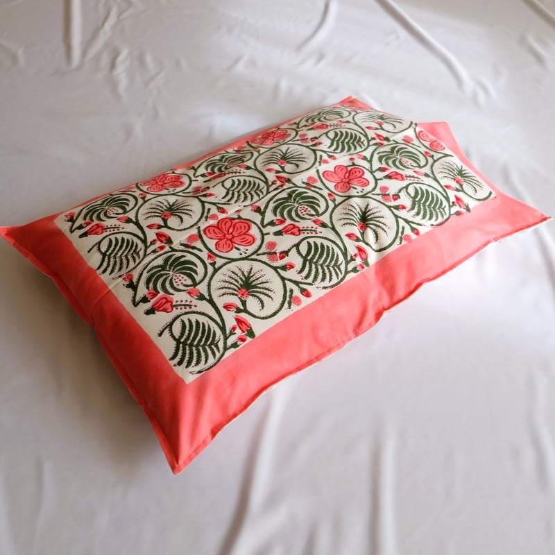 枕カバー インド綿 ブロックプリント ピンクプラント | インド雑貨のお