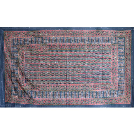 マルチクロス　刺し子　約145×235cm　インド綿　ブロックプリント　アジュラック　インディゴ×縦縞