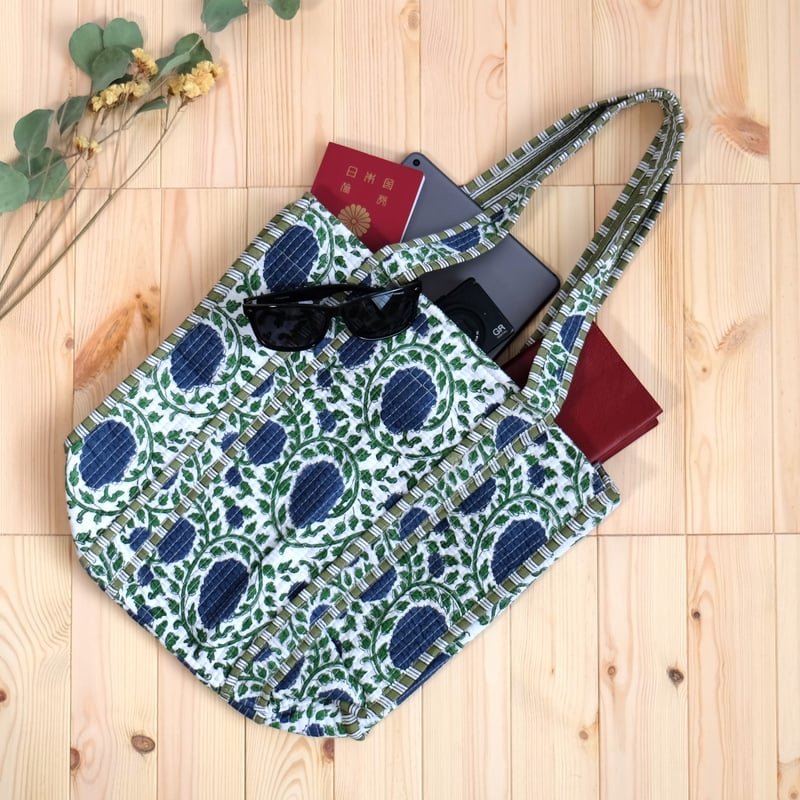 トートバッグ インド綿 ブロックプリント グリーンプラント | インド