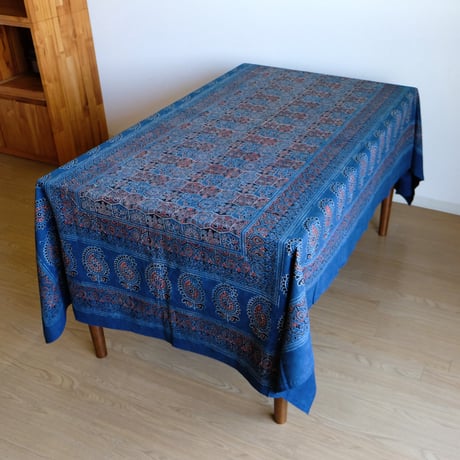 マルチクロス　約145×224cm　インド綿　ブロックプリント　アジュラック　インディゴ×格子