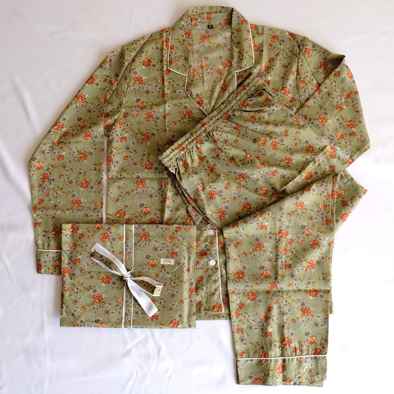 シルク混パジャマ ロング インド綿 ブロックプリント リーフグリーン