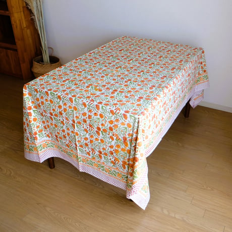 マルチクロス　約152×228㎝　インド綿　ブロックプリント　イエローフラワー
