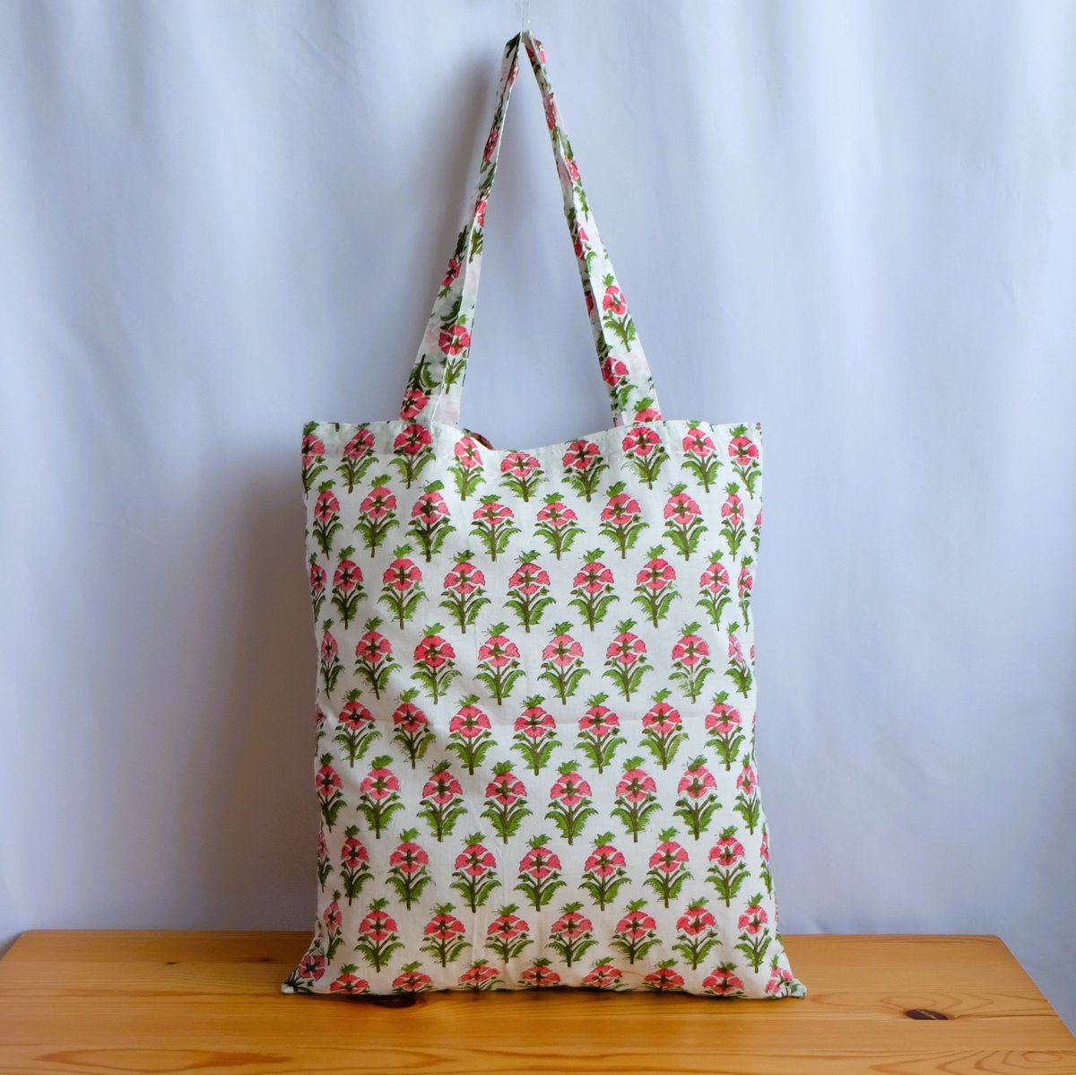 エコバッグ インド綿 ブロックプリント ピンクフラワー | インド雑貨の