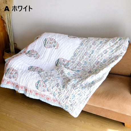 キルト　ブランケット　インド綿　ブロックプリント　シングルサイズ