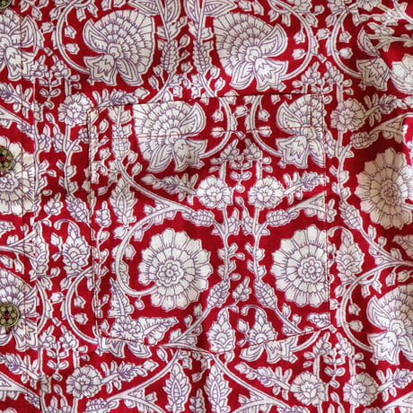 ショートスリーブシャツ　ブロックプリント　Medium/Large　レッド×フラワー