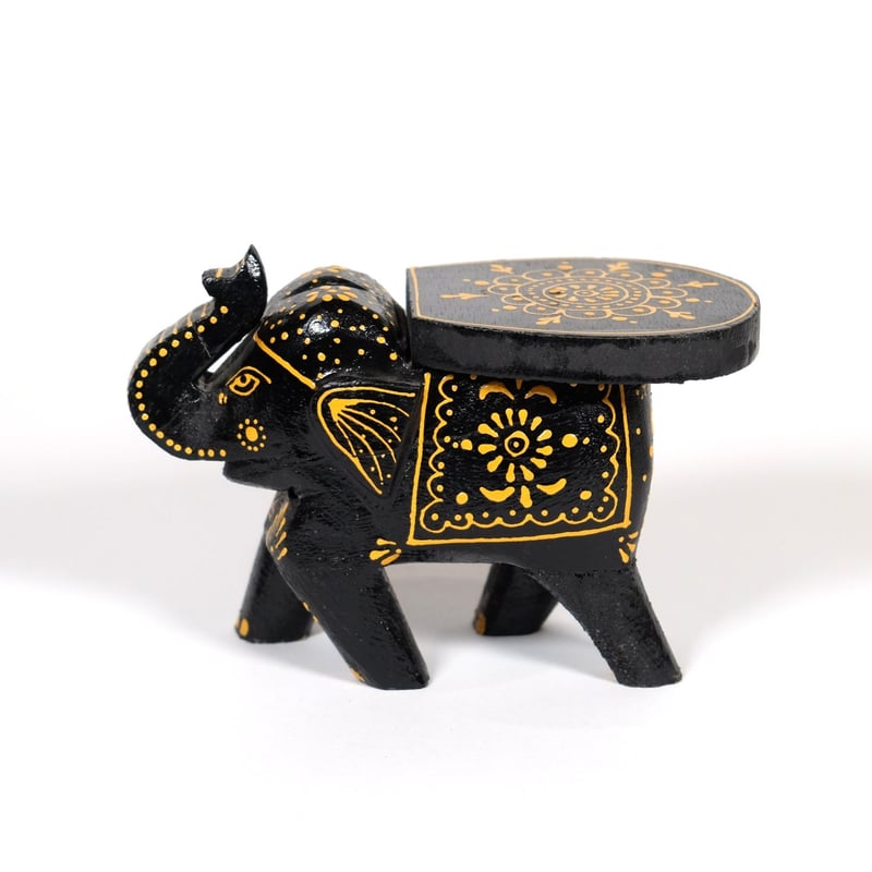 象の置物 木製 キャンドル立て インド グレー/オレンジ/ブラック