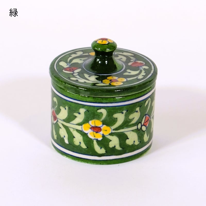蓋付き 陶器 緑 マ*ル様 円形蓋付き陶器 緑色模様 マ*