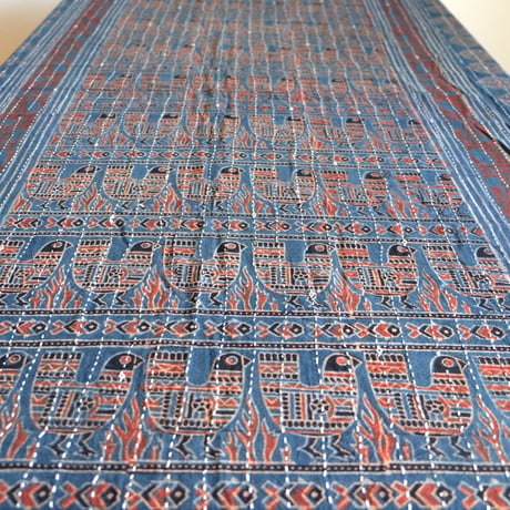 マルチクロス　刺し子　約145×235cm　インド綿　ブロックプリント　アジュラック　インディゴ×鳥