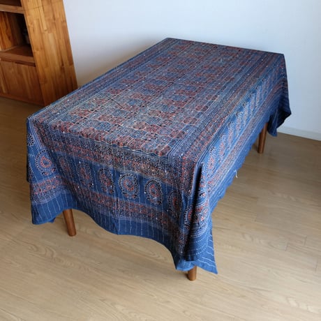 マルチクロス　刺し子　約145×235cm　インド綿　ブロックプリント　アジュラック　インディゴ×格子