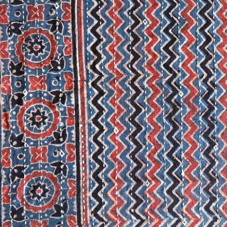 マルチクロス　刺し子　約145×235cm　インド綿　ブロックプリント　アジュラック　インディゴ×縦縞