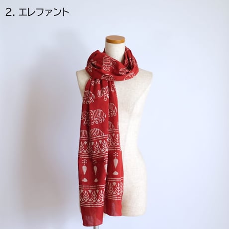 インド綿　ストール　ブロックプリント　約50×200cm　レッド