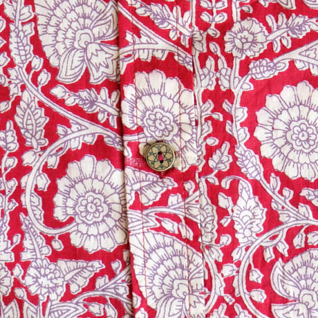 ショートスリーブシャツ　ブロックプリント　Medium/Large　レッド×フラワー