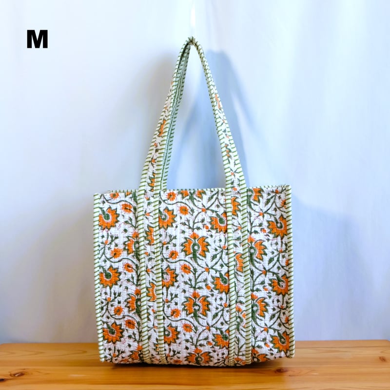 トートバッグ インド綿 ブロックプリント オレンジプラント | インド
