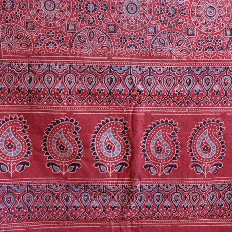 マルチクロス　約145×250cm　インド綿　ブロックプリント　アジュラック　レッド×紋章
