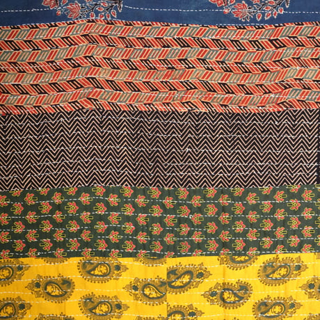 マルチクロス　グドリ　パッチワーク刺し子　約150×220cm　インド綿　ブロックプリント　アジュラック　風車/菱形